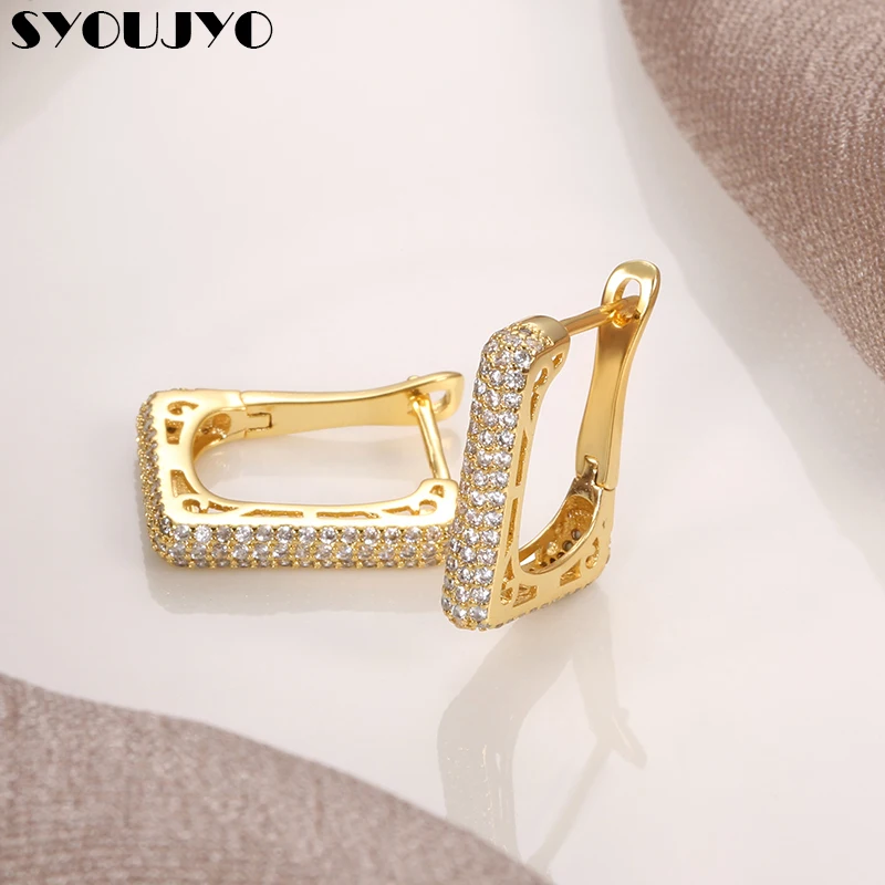 

SYOUJYO Bright Variegated Pave Setting Stud Earring For Women Cubic Zircon Square Silver/Gold Color U Shape Korean Trend Jewelry