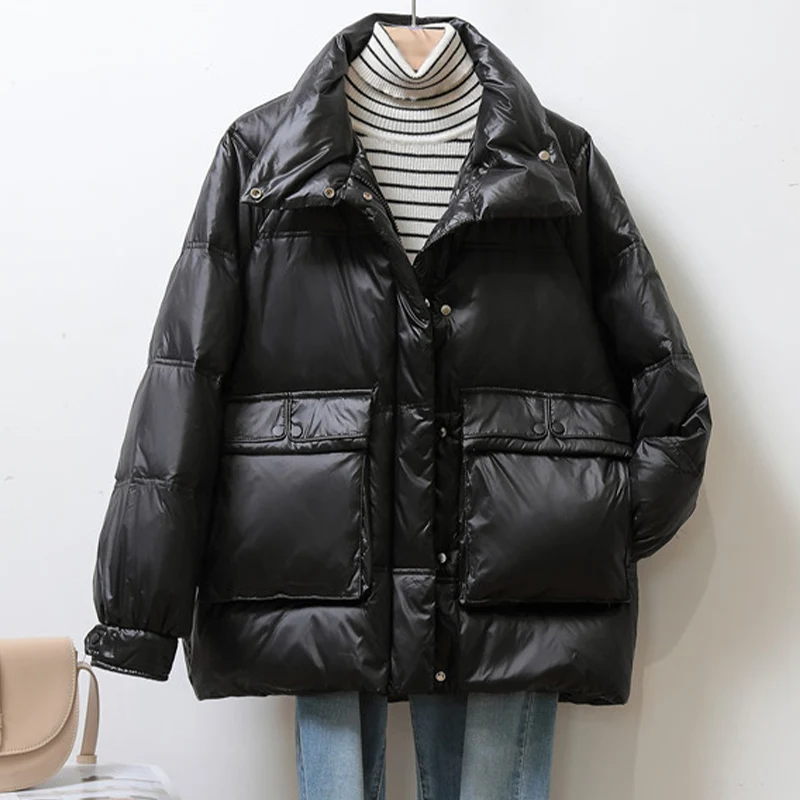 

Зимнее женское пуховое пальто с большим карманом, пушистая парка, женский пуховик без капюшона, повседневная верхняя одежда, толстые женски...