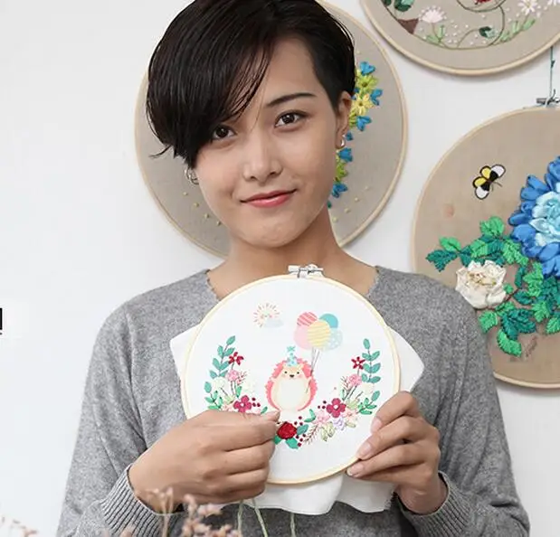 С Бамбуковые обручи мультфильм животных Набор для вышивки лентами цветы