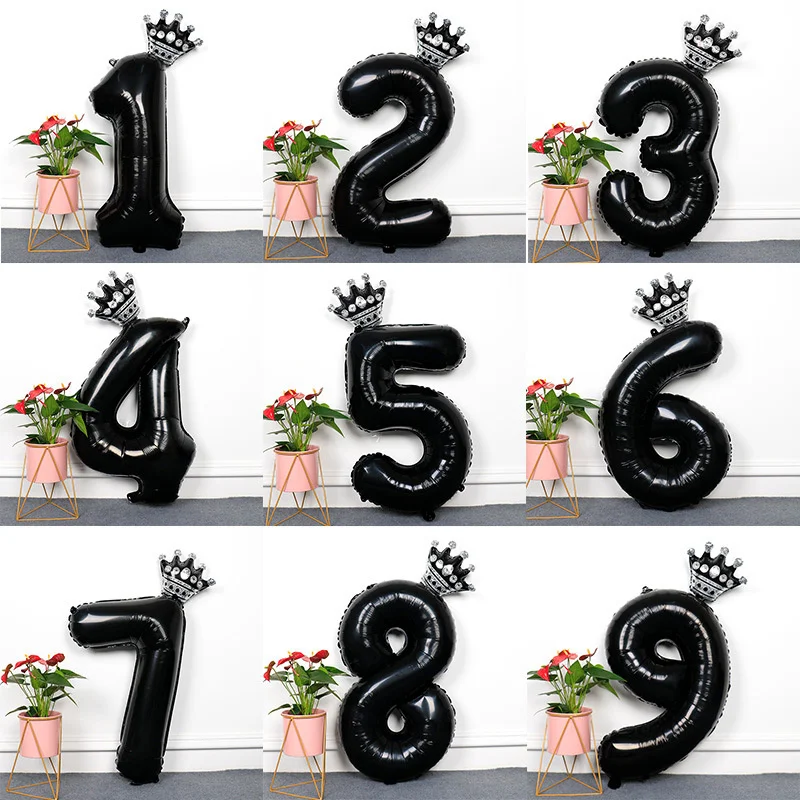 

32 Inch Black Birthday Number Balloon Mini Crown Aluminum Foil Balloon Children's Birthday Party Decoration Balloon