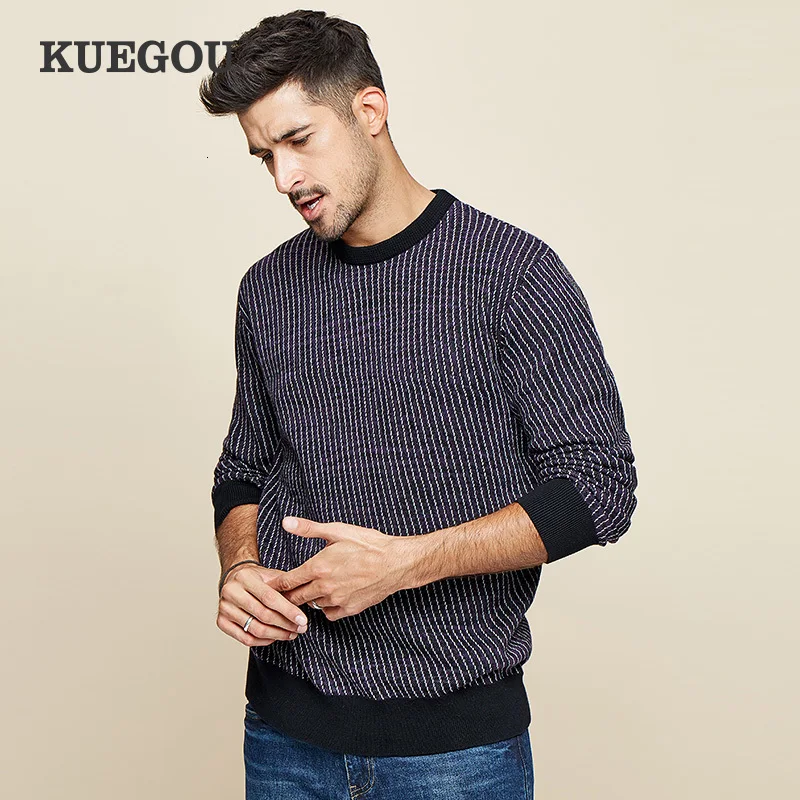 KUEGOU 2019 осень 100% хлопок полосатый фиолетовый свитер мужской пуловер Повседневный