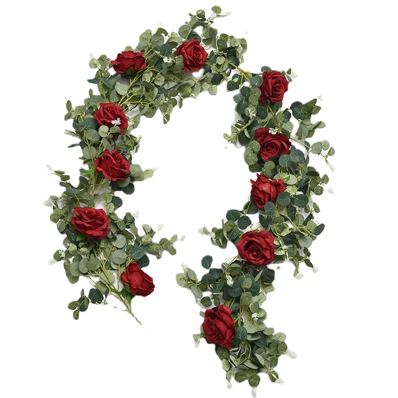 Hoja de eucalipto, vid Rosa Artificial, flor rosa, hojas de eucalipto, vid, camino de boda, plomo, decoraci&oacute;n de la habitaci&oacute;n, est&eacute;tica-1