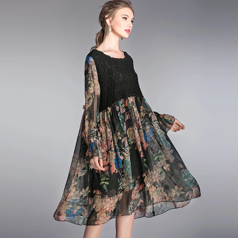 Женское шифоновое платье с цветочным кружевом размера плюс весеннее лоскутное