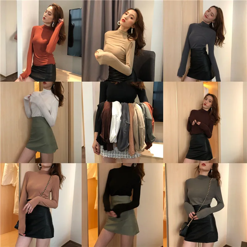 Женская Однотонная футболка с высоким воротником DAYIFUN осенне зимняя длинными