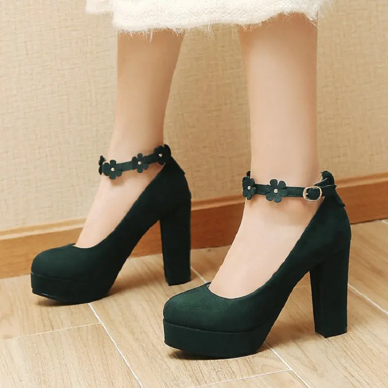 

Sianie Tianie Faux Suede Pink Green Round Toe Office Lady Pumps Flower Ankle Buckle Strap Block High Heels Women Mary Janes Shoe