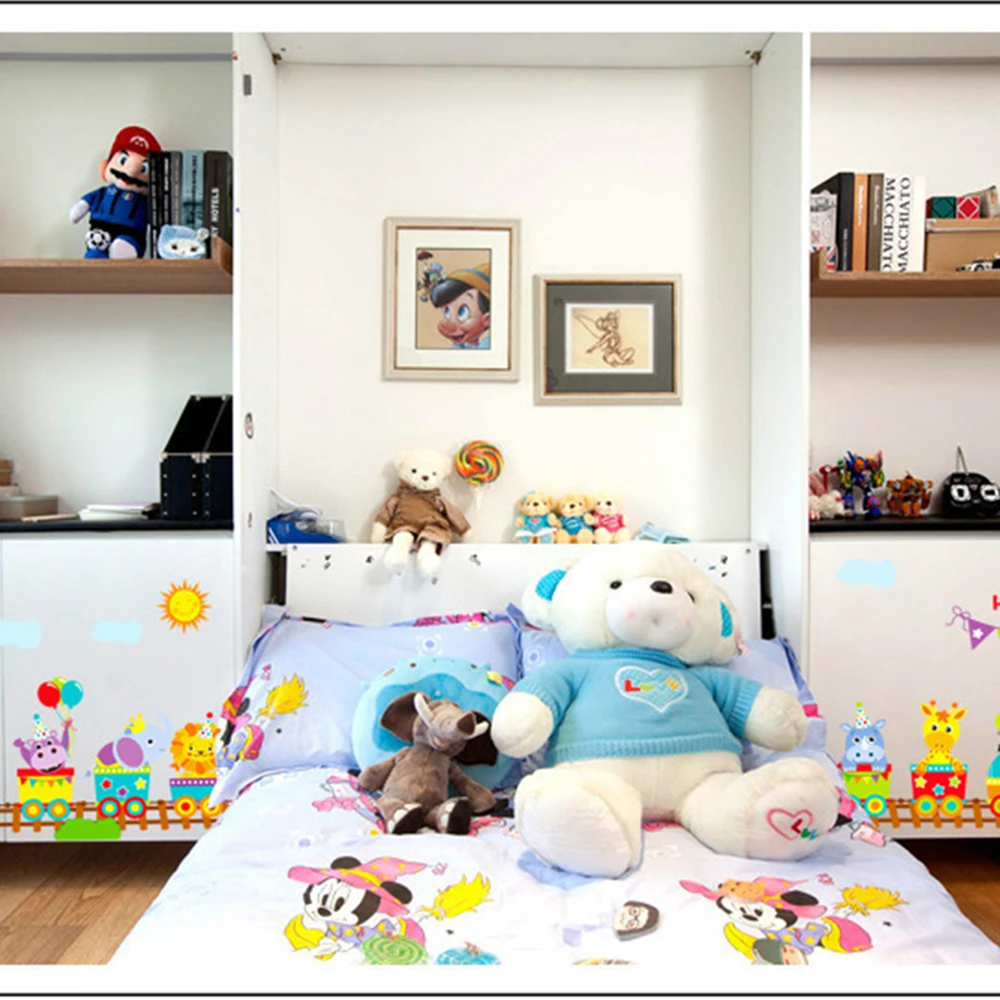 Новый мультяшный поезд для детской комнаты Животные олень настенные наклейки