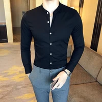 high quality men black casual shirt long sleeve white dress shirts slim fit male stand collar 2020 spring solid color blouse