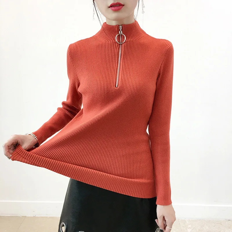 Женский трикотажный свитер-водолазка на молнии облегающий пуловер в Корейском