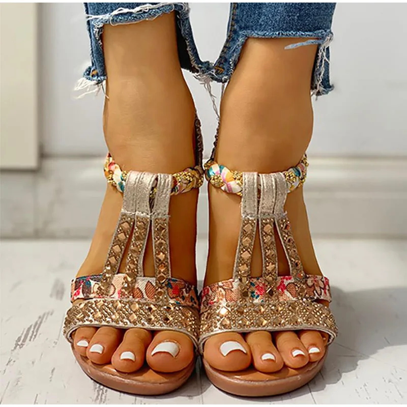 

2021 Summer Women's Sandals Bohemia Platform Wedges Shoes Crystal Gladiator Rome Woman Beach Shoes Casual Elastic Band Female