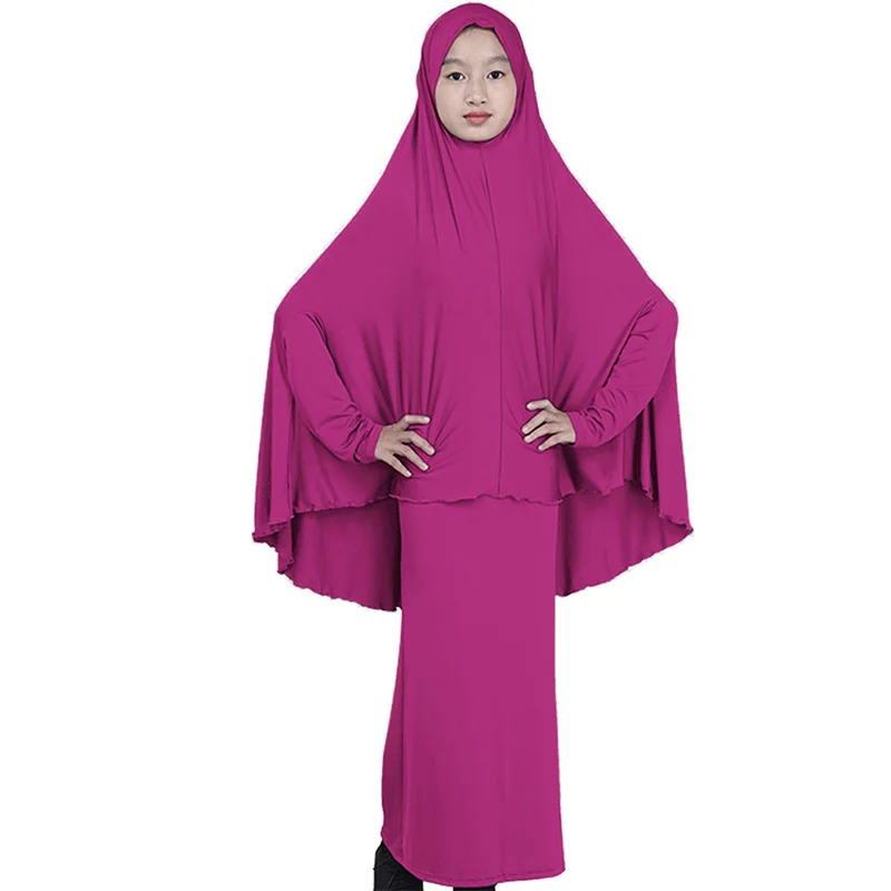 

Traditional Abaya Hijab Robes for Girls Two Piece Muslim Prayer Clothes Kids Solid Loose Large Abayas