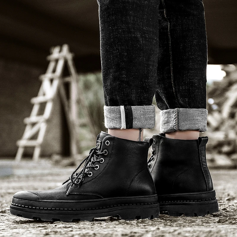 

Men Casual Flat Shoes Casual Sneaker Men Leisure Shoes High Sneakers Man Hightop Black For Zapatillas Negras Hombre Leather