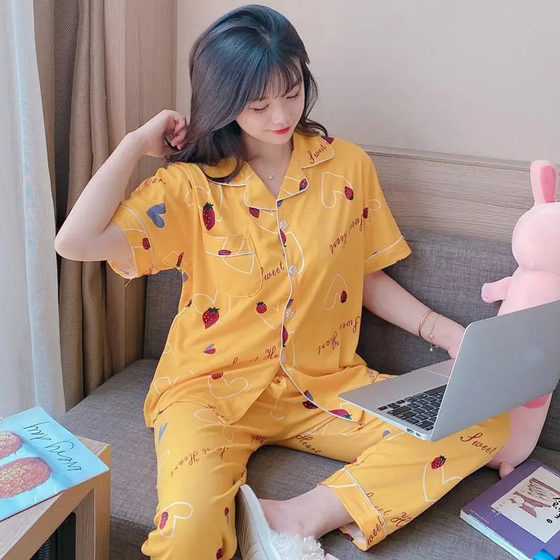 

Pajamas Summer Women Cardigan Short-sleeved Trousers Cute Cartoon Sweet Large Size Loose Home Clothing Two-piece