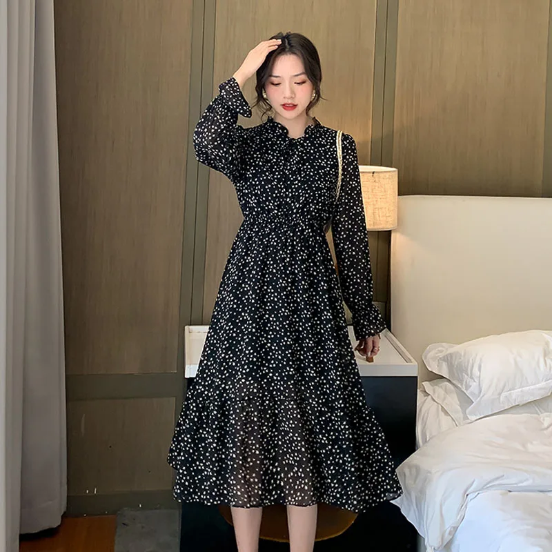 

Женское платье с цветочным принтом, элегантное шифоновое платье-трапеция с поясом на резинке и длинными рукавами в Корейском стиле на лето