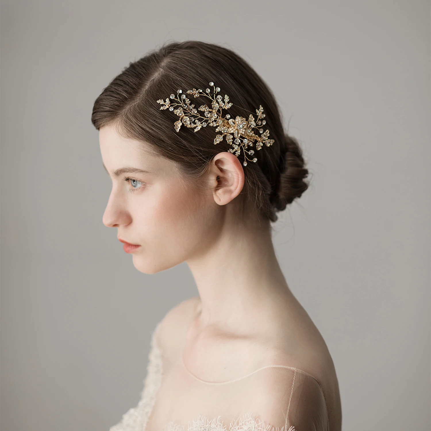 

O374 Women Graceful Pageant Tirar Wedding Bridal Headpiece Golden Crystal Rhinestone Leaves Flower Marriage Bride Hairnip