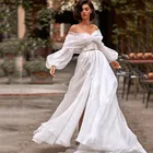 Сексуальное свадебное платье из органзы с длинным рукавом, а-силуэт, открытыми плечами и разрезом сбоку