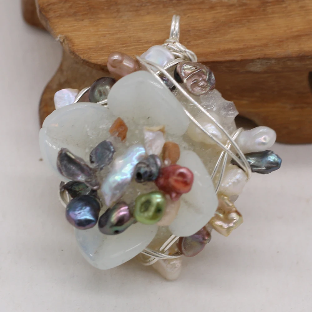 

yachu Pure Natural Stone Semi-precious Stone Lace-shaped Silver Threaded Pearl Pendant Making DIY Necklace Bracelet Gift
