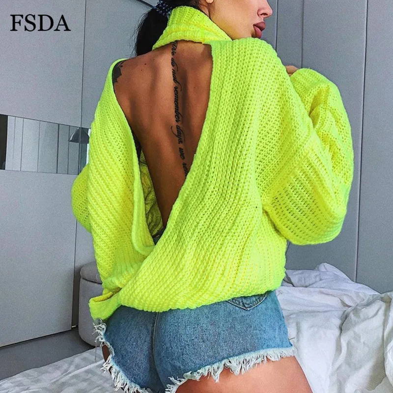 Женская водолазка FSDA неоновый зеленый свитер с открытой спиной и длинным рукавом