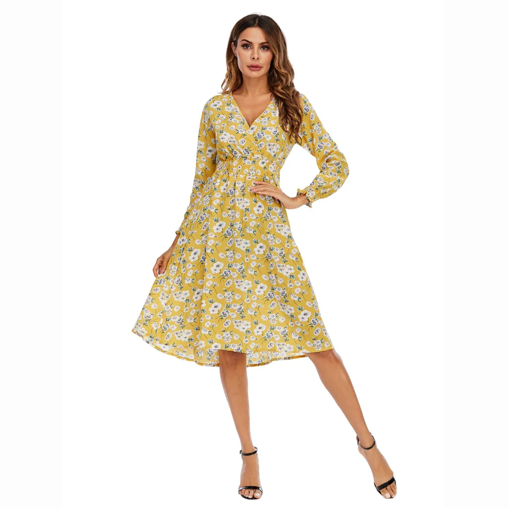 

Spring And Autumn Women's Long Sleeve Retro Bohemian Floral Casual Dress Fashion Chiffon A-Line Skirt Elegant Comfortable Dress
