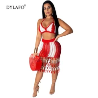 2021 color patchwork hand crochet beach dress two piece set hollow out bra top bodycon midi skirt summer women clothing