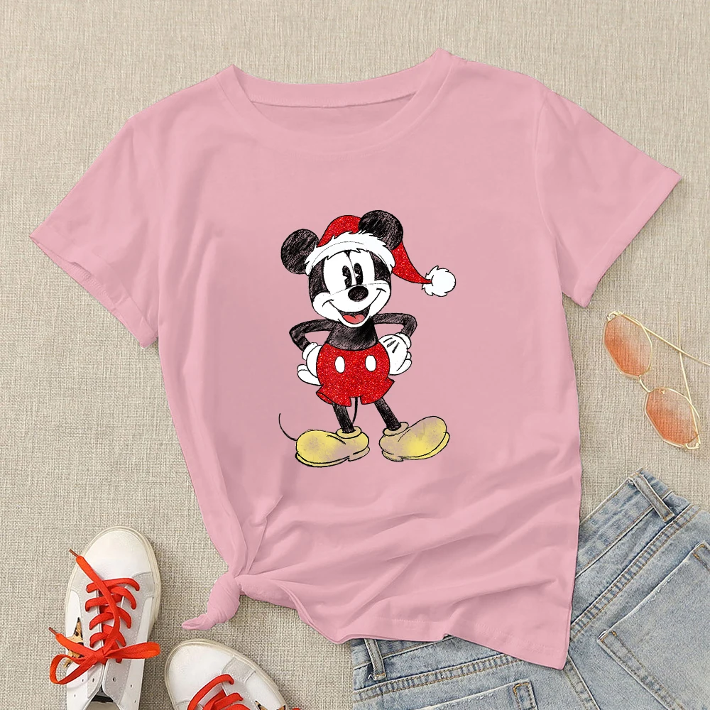 

Christmas Mickey Mouse Printed T Shirts Funny Disney Casual Family Look Pink Top 2022 Urban France Ropa Mujer Wholesale Tshirt