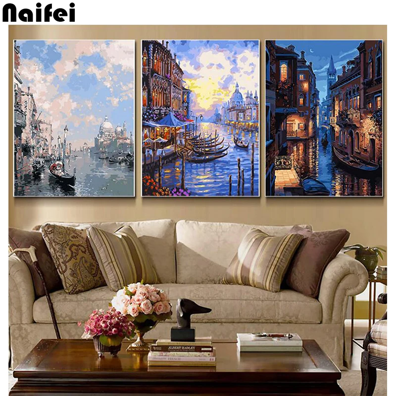 

5D Diamond Painting 3pcs town river landscape Cross Stitch Kits Full diamond Embroidery Pattern mosaic wall Decor Arts crafts