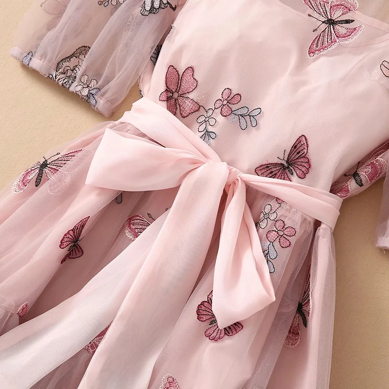 

AELESEEN Runway Fashion Summer Women Dress 2021 High Quality Mesh Butterfly Embroidery Pink Sashes Elegant Party Beach Dress