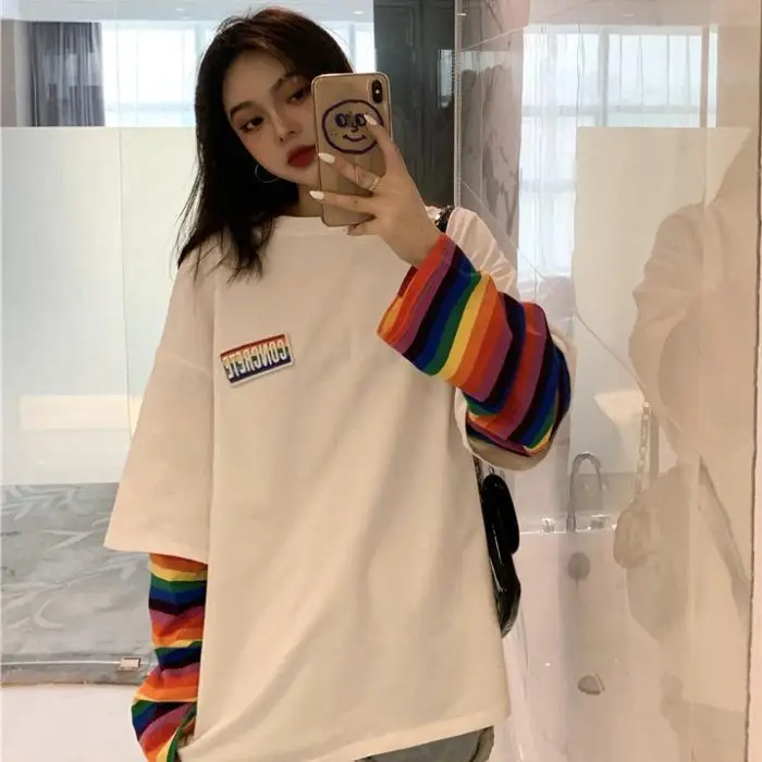 

Rainbow Striped Cotton T Shirt Women 2021 Spring Autumn Long Sleeve Casual Plus Size Female Tshirts Fashion Crop Tops Streetwear