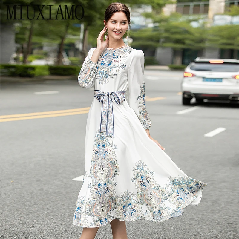 

MIUXIMAO High Quailty 2020 Fall Dress Long Sleeve flowers tree Print Vintage Mid-Calf Casual Long Beach Dress Women With Belt