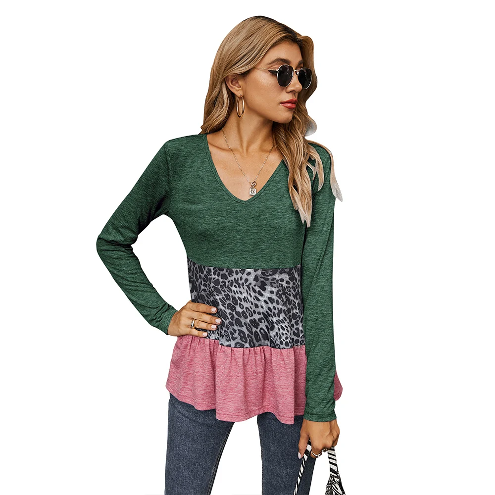 

Sale Women's Long Sleeve Tops Color Block Patchwork Leopard Print Sexy V Neck Hem Casual Fashion Loose Casual Tops 2021 D30