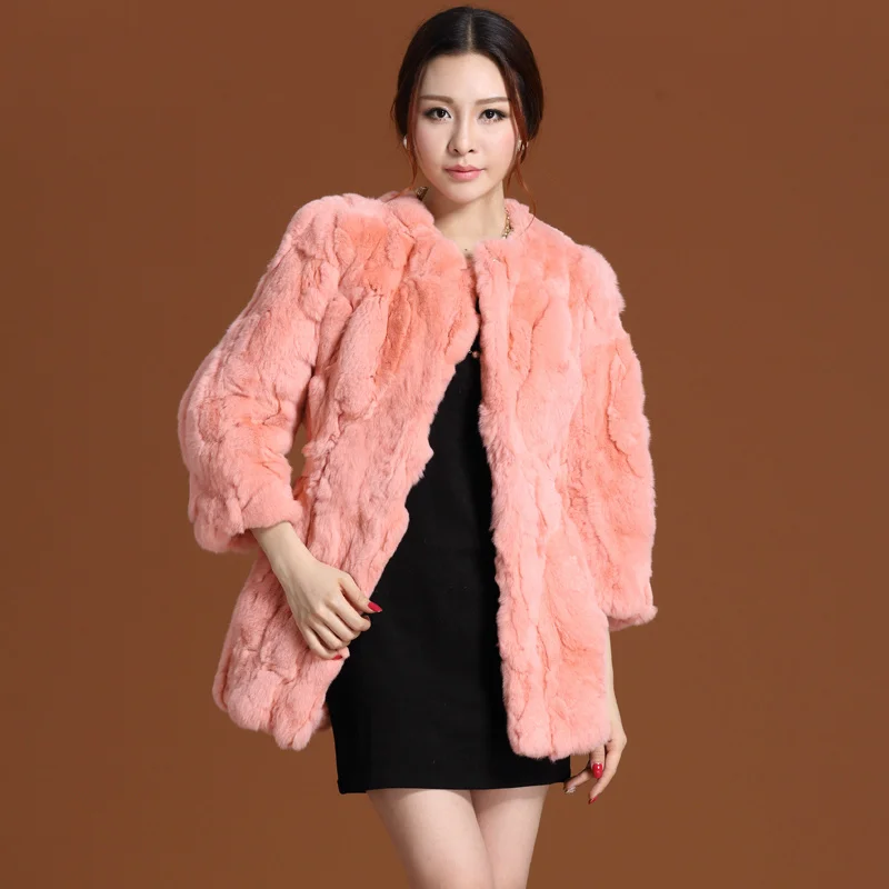 New Autumn and Winter Natural Rex Rabbit Fur Coats Women O-Neck Long Slim Real Fur Coat Female Outerwear YS2214004