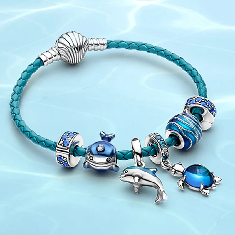 

925 sterling silver Summer Ocean Series blue Secret Crystal Turtle Fish woven shell fashion DIY pandoradora bracelet female