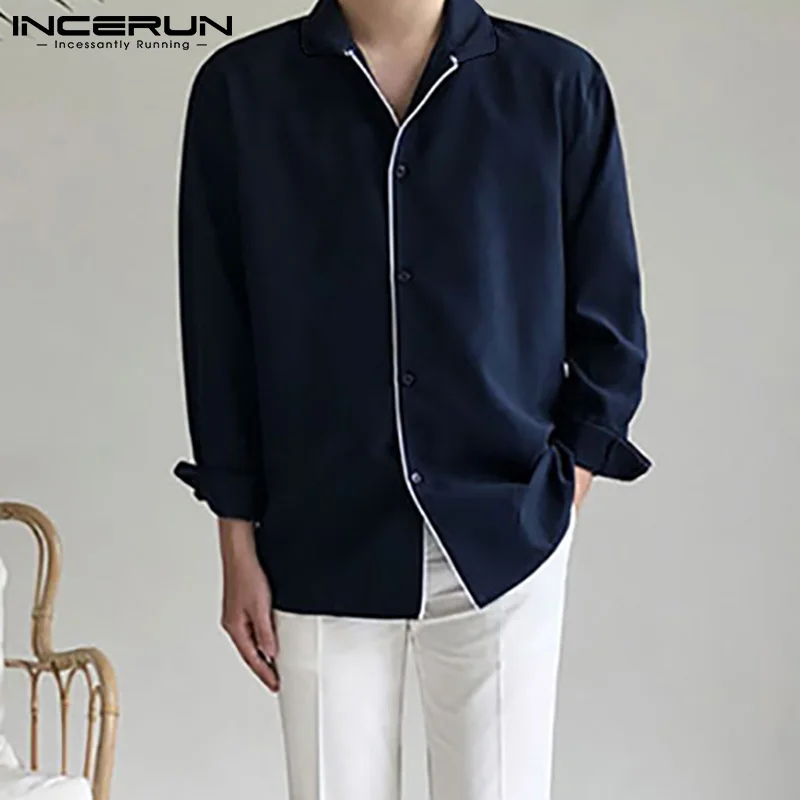 

Man Leisure Button Dress Shirt INCERUN Men Patchwork Casual Shirts Long Sleeve Lapel Blouse Loose Korean Style Camisa Masculina