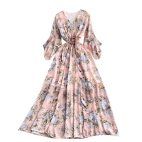 2021 new spring summer women v neck ruffles sleeve bandage elastic slim long dress sweet floral chiffon dress