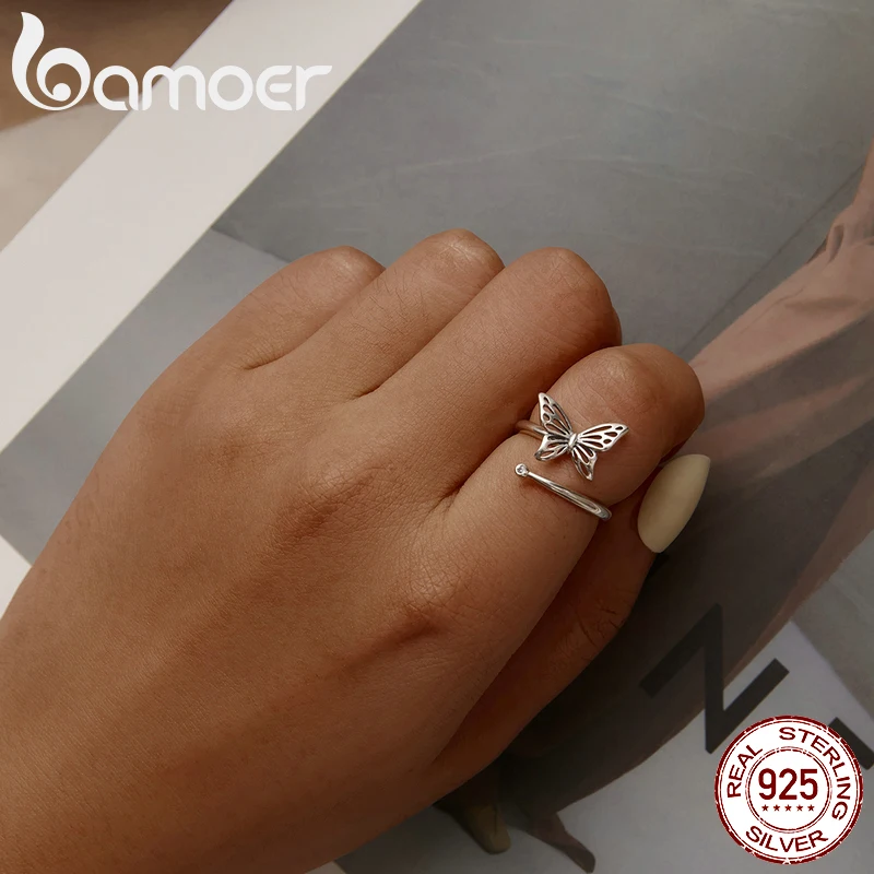 Женское кольцо с бабочкой BAMOER винтажное регулируемое обручальное из серебра 925