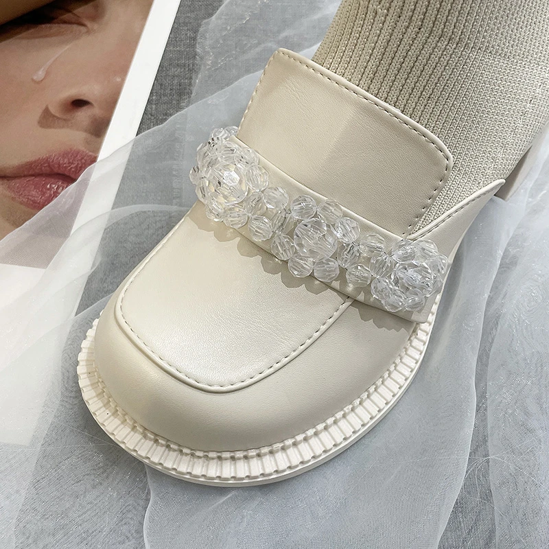 

Sock Boots Women Stretch Fabric Crystal flowers Round Toe Autumn women's boots 2021 Slip On Ankle Length Ladies Shoes