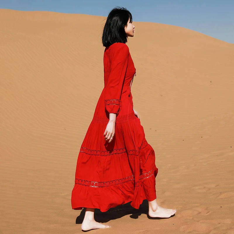 

SHENGPALAE Red Hook Flower Hollow Out Beach Dress Women's Summer 2021 New V-neck Bandage Waist wrist sleeve Maxi Dresses Female