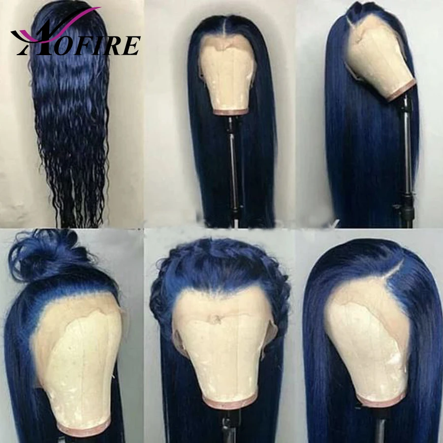 Full Lace Front Human Hair Wigs Blue Color Brazilian Remy Straight Wig Free Part For Black Women Pre Plucked 130% Density Aofire | Шиньоны и
