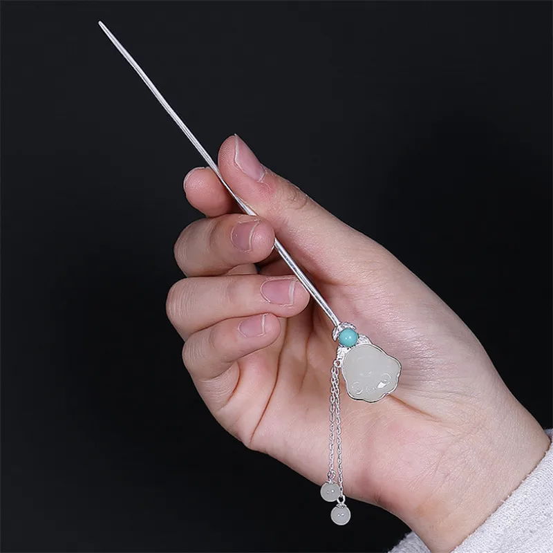 Uglyless Bohemia Turquoise Hair Sticks for Women Ethnic Natural Jade Clouds Forks Solid 925 Silver Jewelry Eastern Tassels | Украшения и