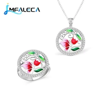 lmfaleca 925 sterling silver necklace ring jewelry set for women red green enamel flower pendant box chain elegant fine jewelry