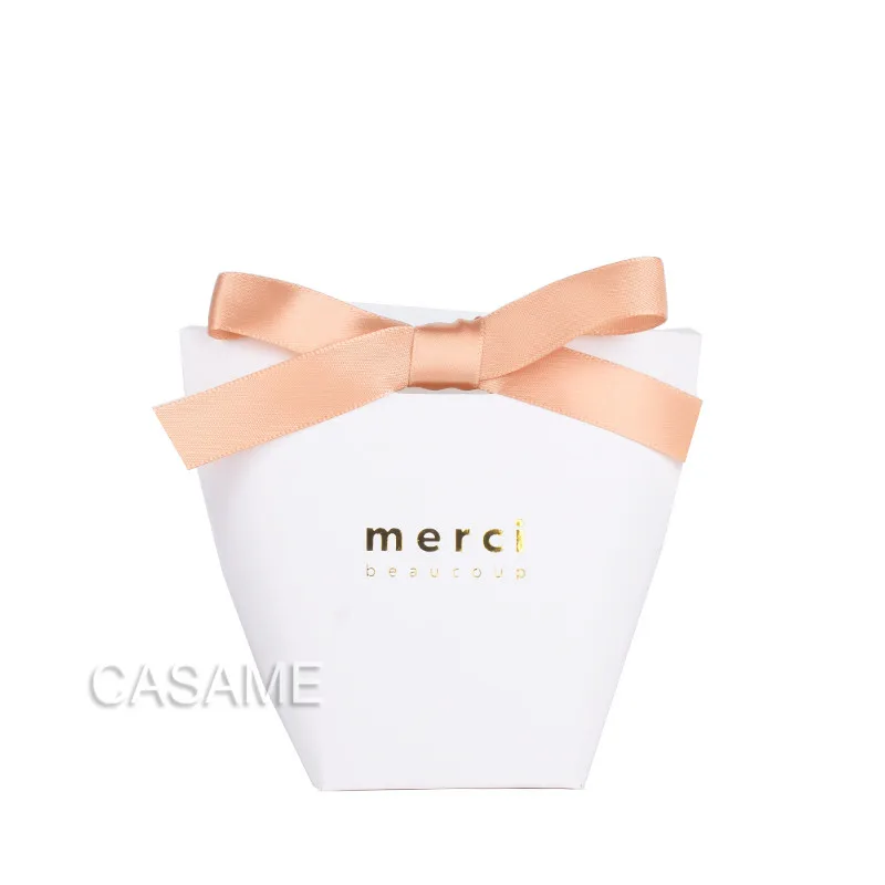Small white Merci 6 шт. черная белая крафт-бумага, сумка бронзовая французская "Мерси", подарочная упаковка, сувенир для свадебной вечеринки, конфетные пакеты с лентой - Цвет: Small white Merci