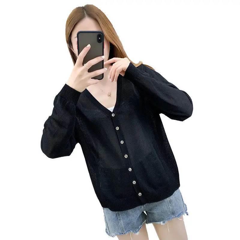 

Spring Autumn Women Clothing Long Sleeve Knitted Cardigan Korean Single-breasted Solid Jacket Ice Silk Sweater Thin Tops X259