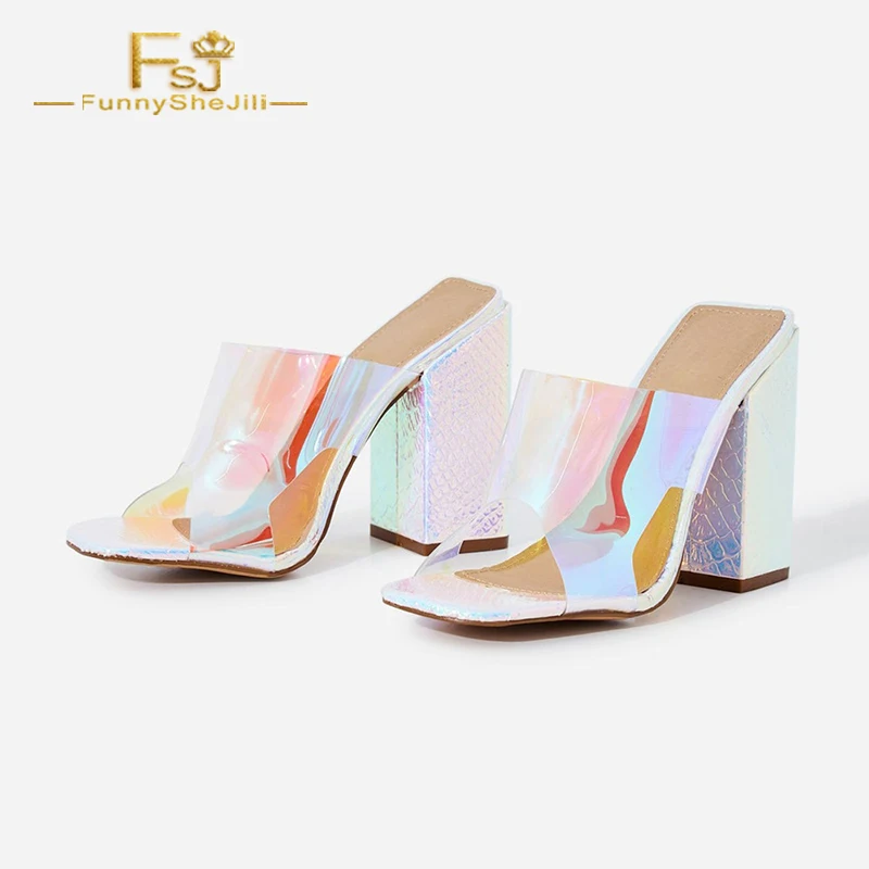 

Модные прозрачные женские мюли FSJ из ПВХ с голограммой на блочном каблуке, новинка, вечерние Далии без застежек с открытым носком для улицы и...