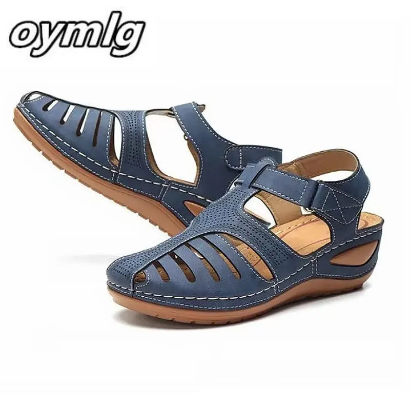 Босоножки женские в стиле ретро модные сандалии на плоской подошве с прострочкой