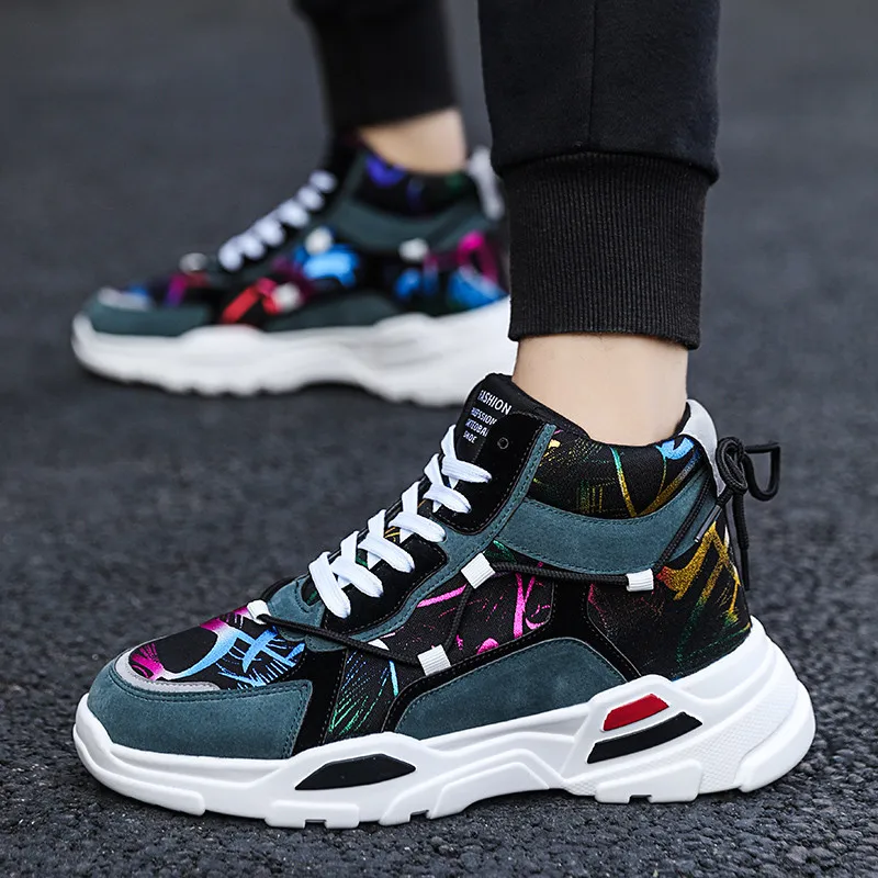 Fashion Rainbow Printed Men's Sports Shoes High top Ankle Platform Men Sneakers Skateboard Red Non-slip Men Skate Shoes Trainers