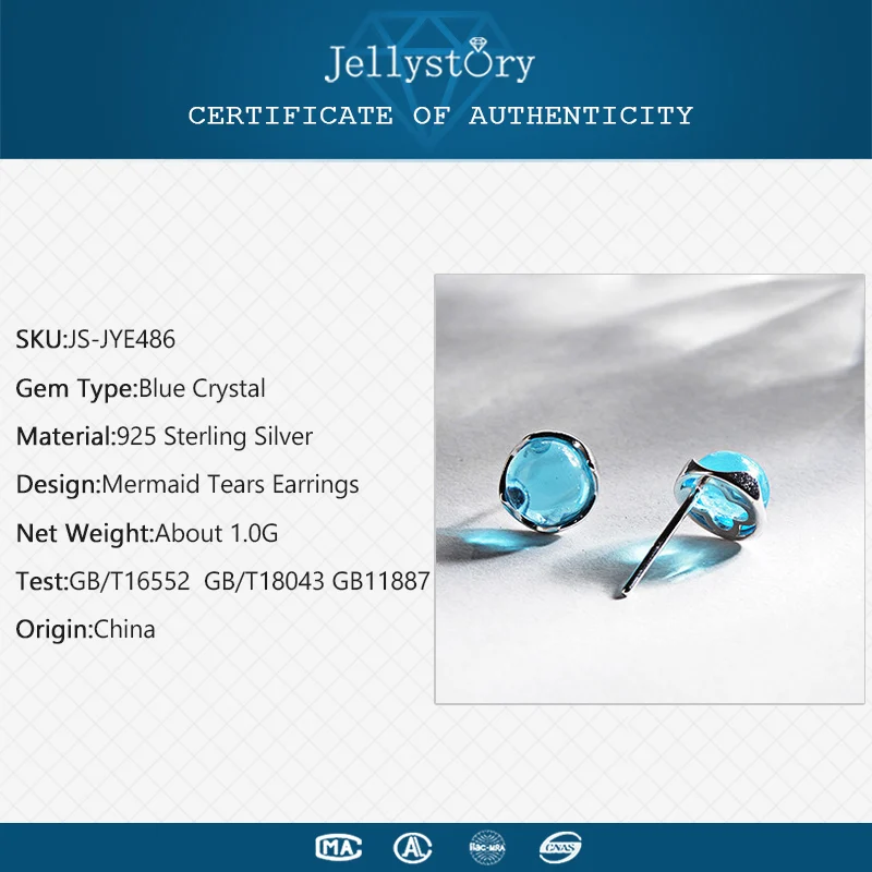 Jellystory Round Blue Crystal Stud Earrings for Women 925 Sterling Silver Fashion Jewellery Wedding Party Gift Wholesale Earring