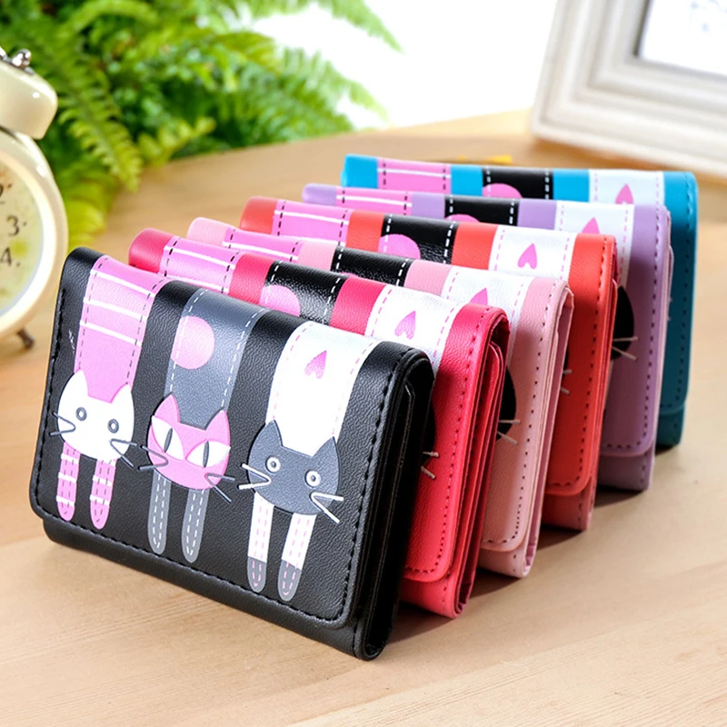 Модный короткий кошелек женский маленький с мультяшным котом для студенток