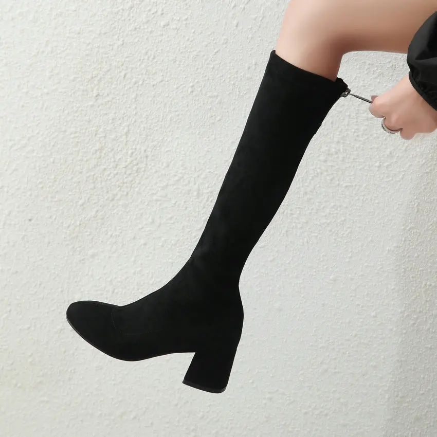 

ESVEVA 2021 Round Toe PU+Flock Classic Fashion Square Med Heel Knee High Boots Black Platform Women Boots Slip On Big Size 34-43