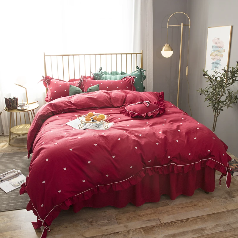 

Pure cotton Bedding Sets red Duvet Cover sets luxury Bed Linen princess bed skirt twin full queen king luxury wedding bedclothes
