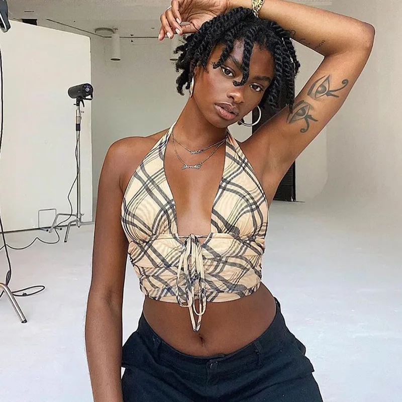 

Spring/summer New Sling Hanging Neck Tie Retro Plaid Openwork Backless Sexy Pleated Vest Casual Fashion Beach Party Jacket Tops