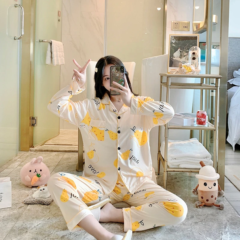 

Autumn Winter Long Sleeve Women Pajamas Set Lapel Cartoon Pear cat Print Female Pyjamas Set Cardigan Sleep Wear 2 Piece Suit